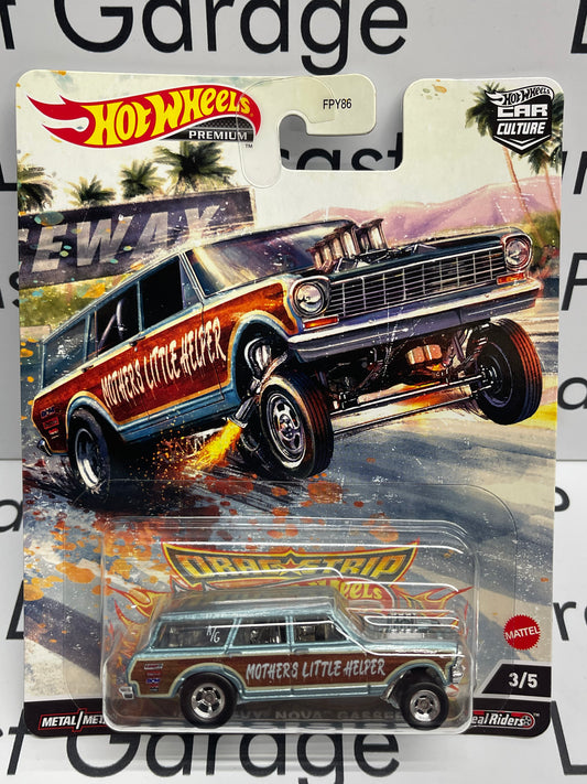 HOTWHEELS 64' Chevy Nova Wagon Gasser Mothers Little Helper Drag Strip 1:64 Diecast