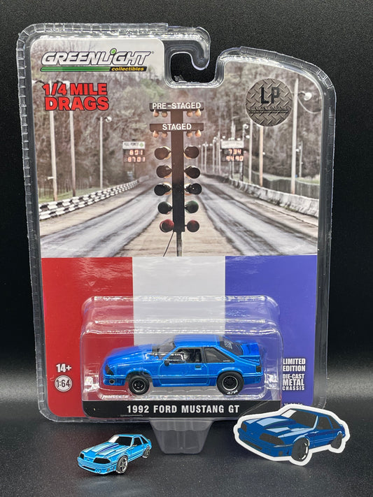 GREENLIGHT 1992 Ford Mustang GT Metallic Blue Drag Car + Pin & Sticker LP Diecast Garage Exclusive 1:64 Diecast Promo