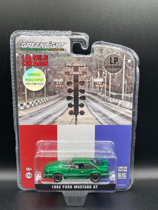 GREENLIGHT 1992 Ford Mustang GT Drag Car Green LP Diecast Garage Exclusive 1:64 Diecast Promo *GREEN MACHINE*