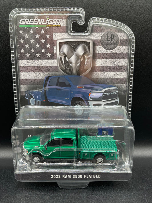 GREENLIGHT 2022 Ram 3500 Flatbed Blue Cummins Diesel LP Diecast Garage Exclusive 1:64 Diecast Promo *GREEN MACHINE*