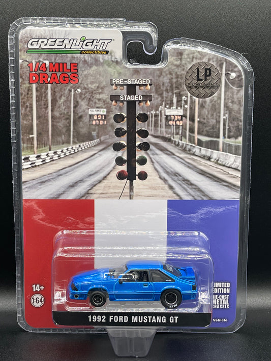 GREENLIGHT 1992 Ford Mustang GT Metallic Blue Drag Car  LP Diecast Garage Exclusive 1:64 Diecast Promo